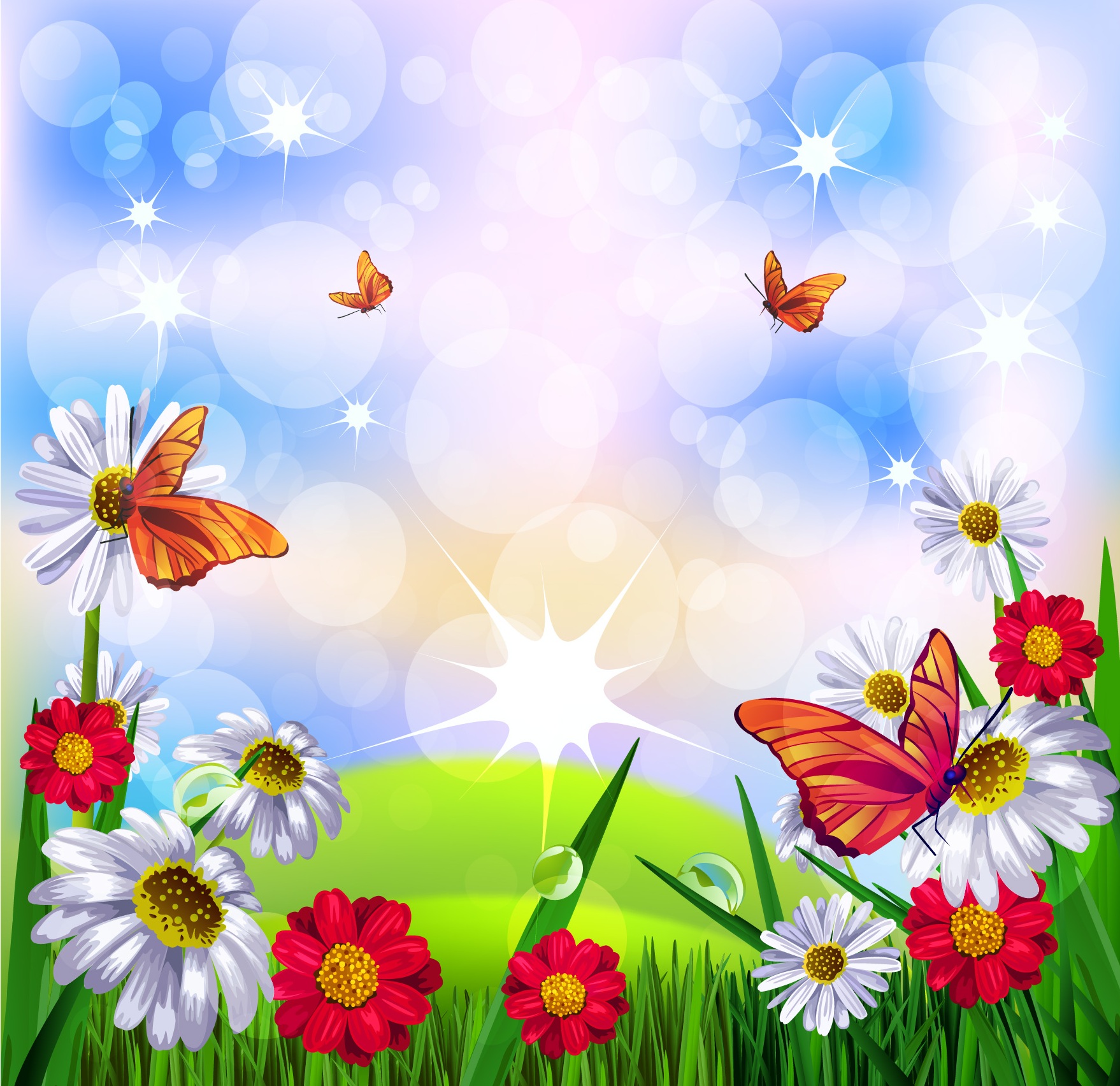 Детские картинки для оформления. Фон для садика. Летний фон. Красивый детский фон. Поляна с цветами и бабочками.
